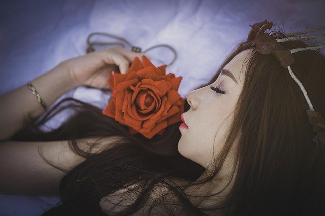 girl, sleep, rose, rose flower, lying down, asleep, sleeping, asian woman, female, woman, young woman, face, portrait, resting, sono relax, dream