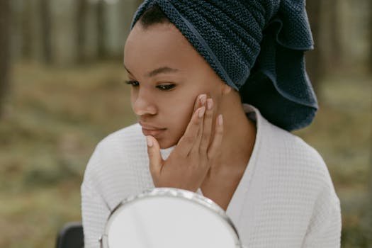 A woman in a bathrobe with a towel on her head touches her face while looking into a mirror outdoors. retinol