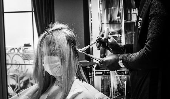 Hair stylist applying color to a woman wearing a mask in a salon, in black and white. formol no cabelo