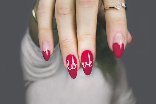 Vibrant red nails with 'love' art on a woman's hand, showcasing elegant style and design. unhas em gel